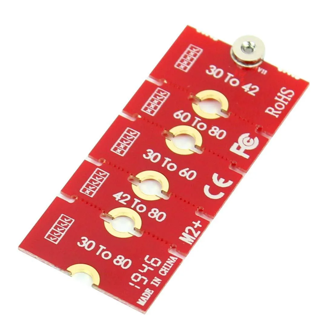 Red metal NVME bracket adjustable from 2230 to 2280 with screw