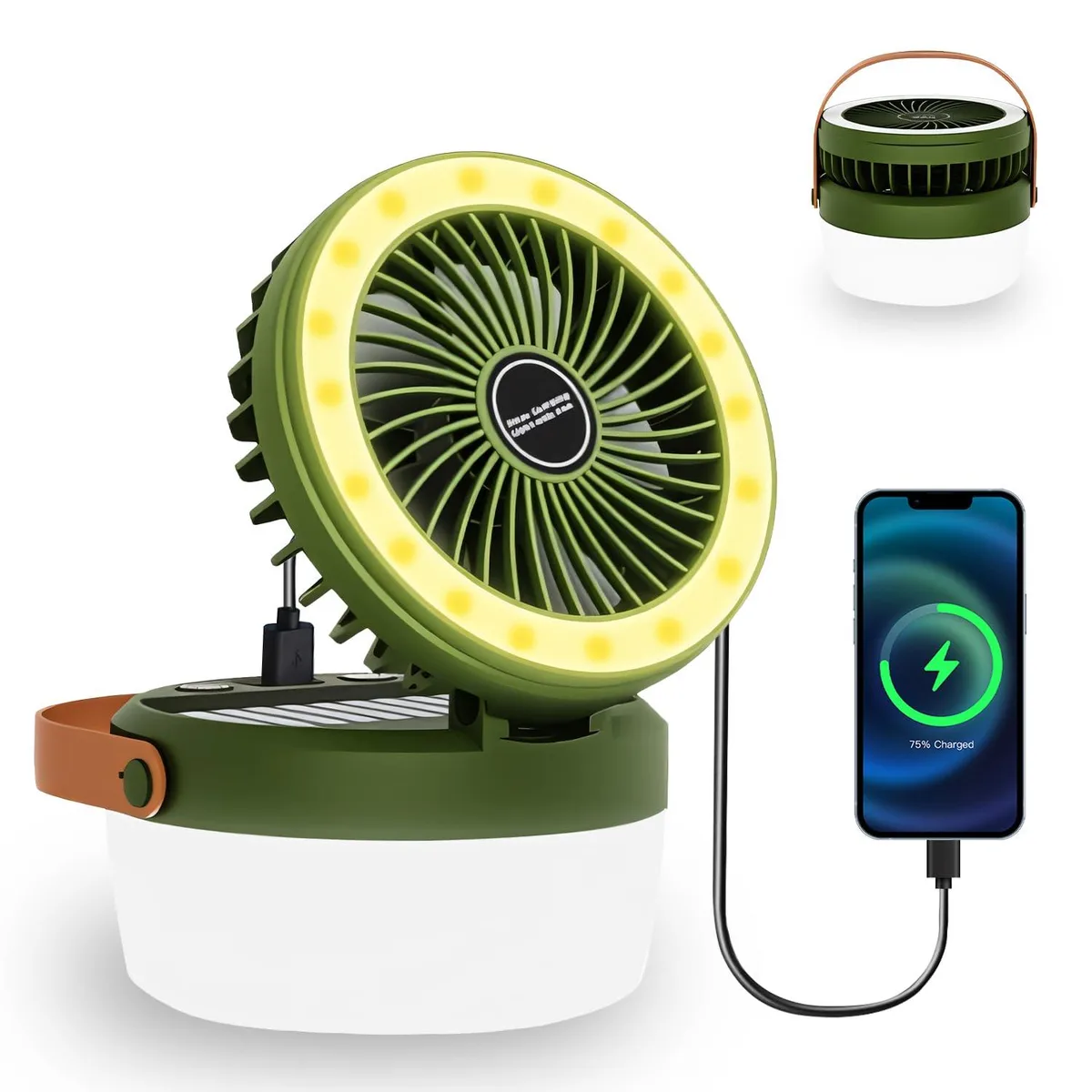 Green cylindrical camping fan lantern with fold-out solar panel and carry handle