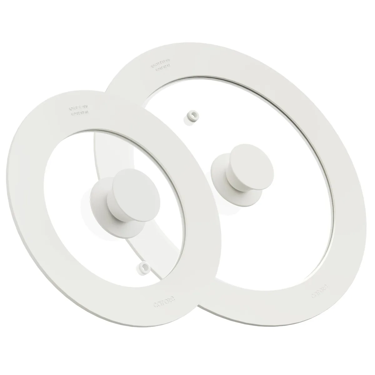 Two white silicone lids with glass centres and steam vents