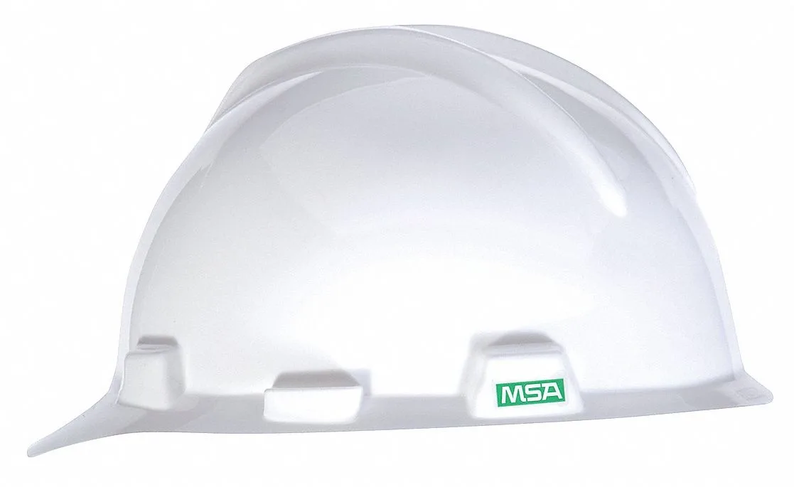 White V-Gard hard hat with front brim and side slots