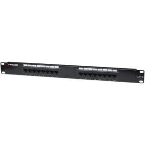 Black 1U rackmount Cat6 patch panel with 16 RJ45 ports