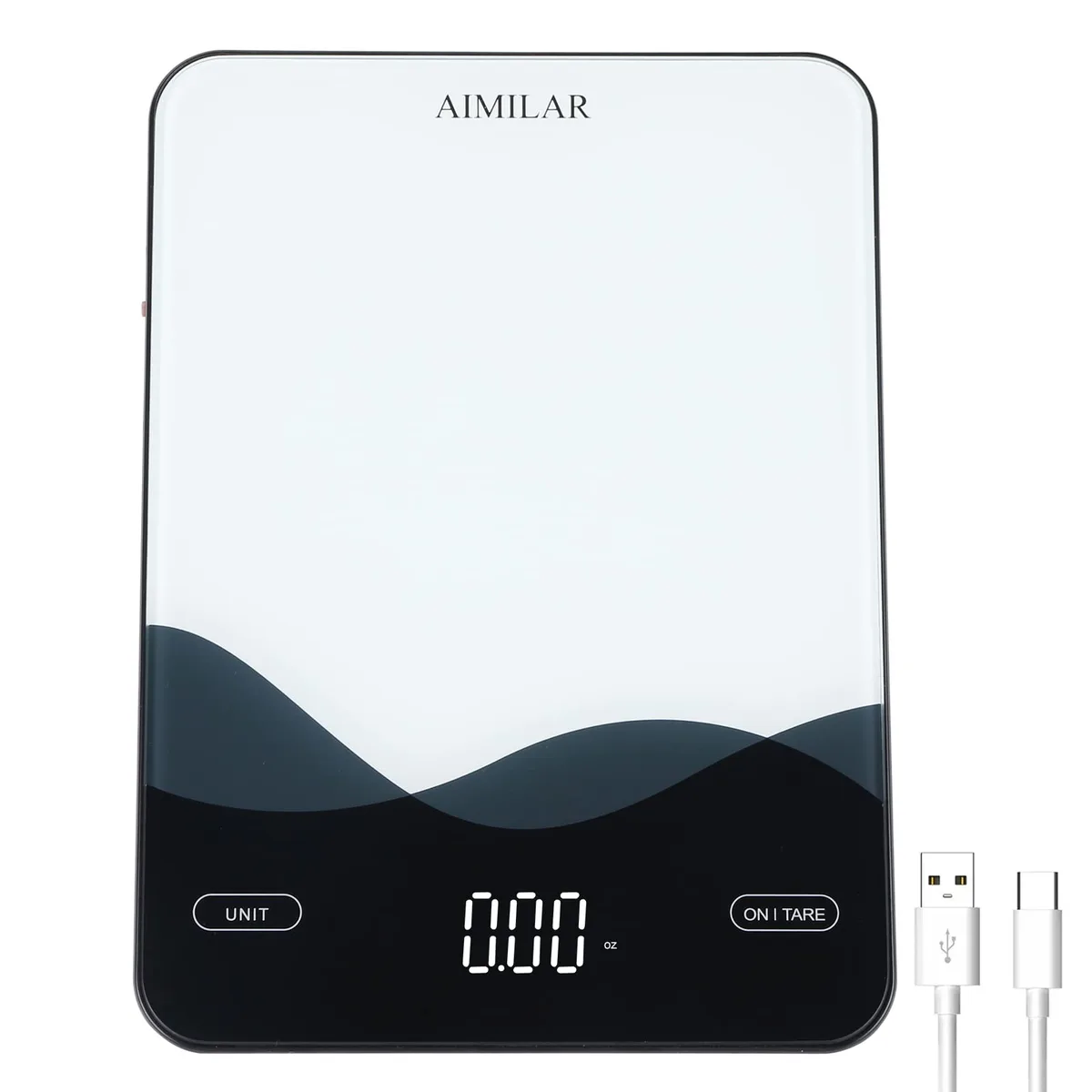 Yellow rectangular digital kitchen scale with tempered glass top and LED touch display