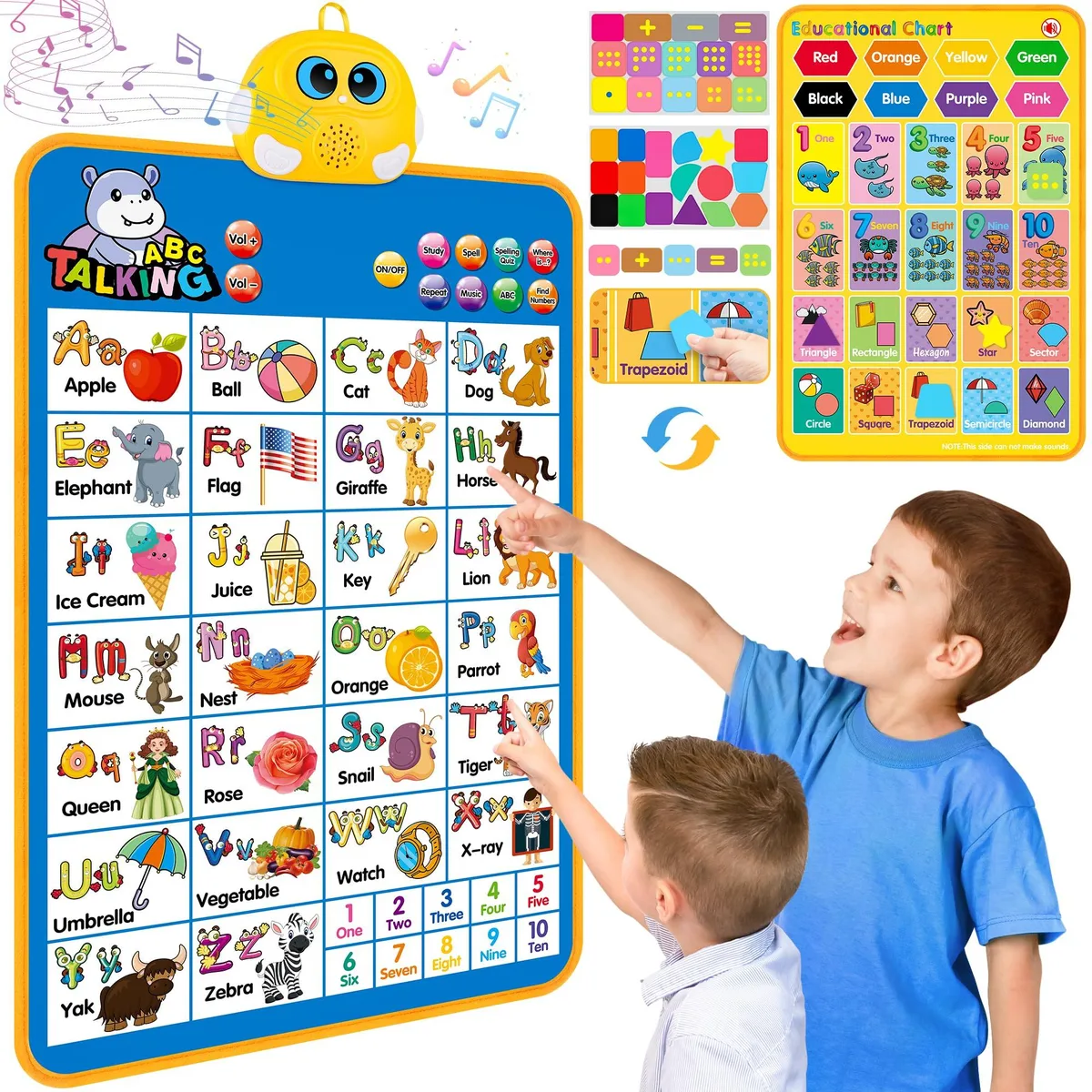 Rectangular blue fabric wall chart with printed letters numbers and colorful illustrations hanging flat against a light background