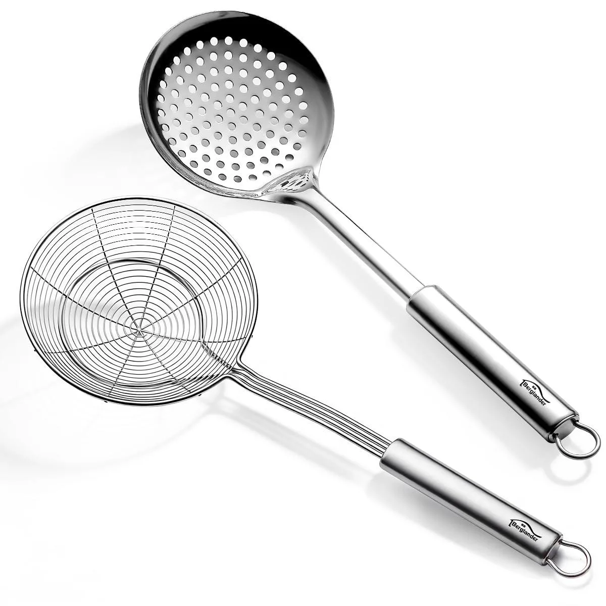 Two stainless steel skimmers: one spider web basket and one punched-hole ladle with long handles