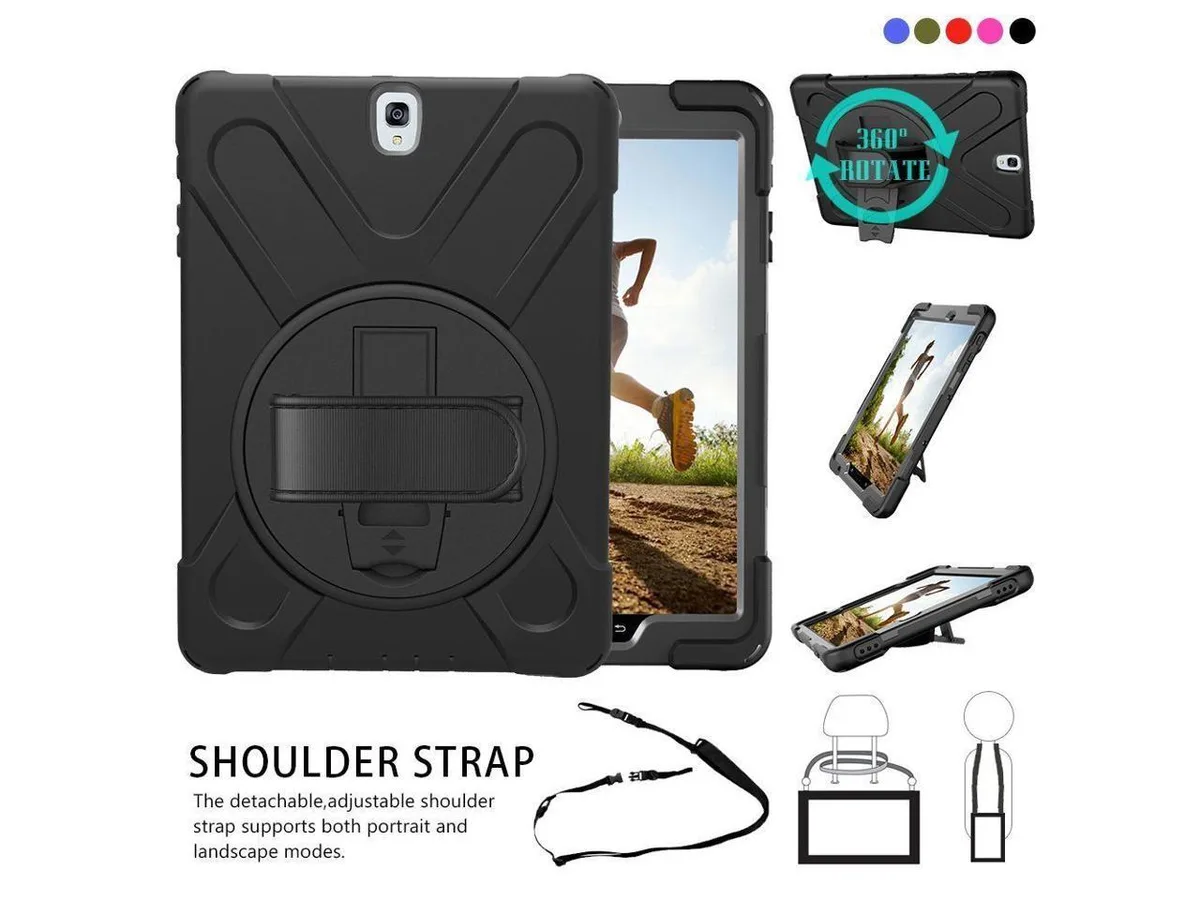 Black silicone tablet case with built-in kickstand, hand strap and shoulder strap