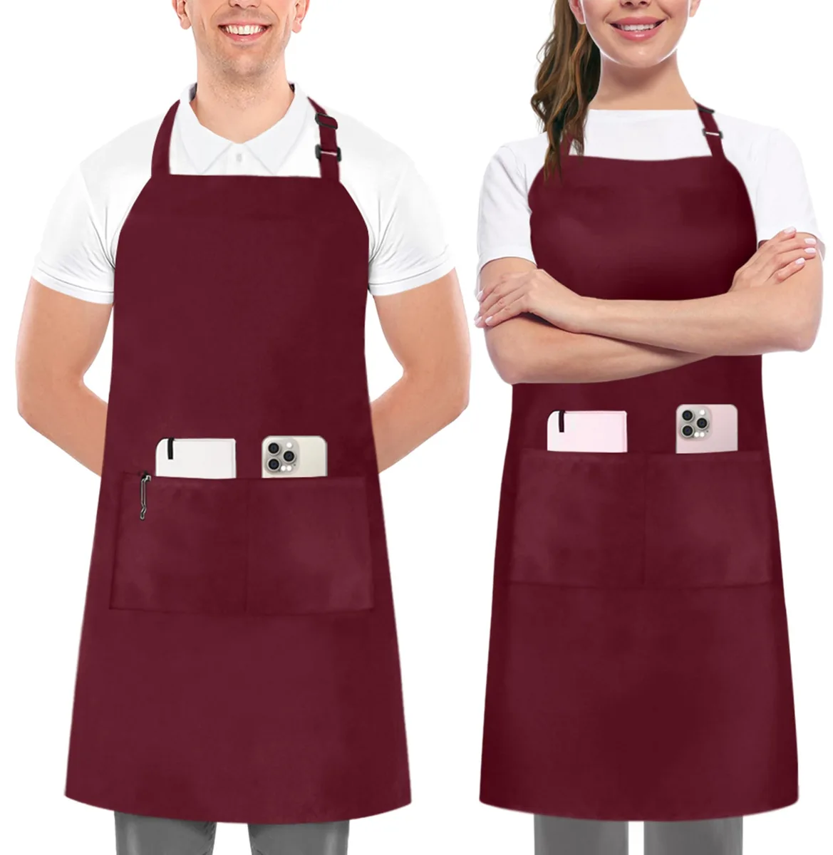 Two burgundy polyester bib aprons with front pockets and adjustable straps