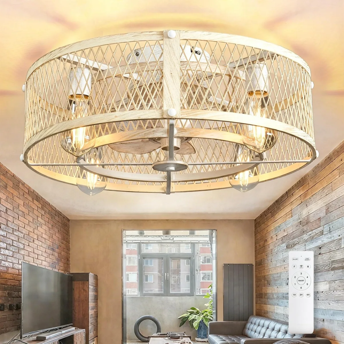 Black caged ceiling fan with LED light, 20 inch low-profile cement finish