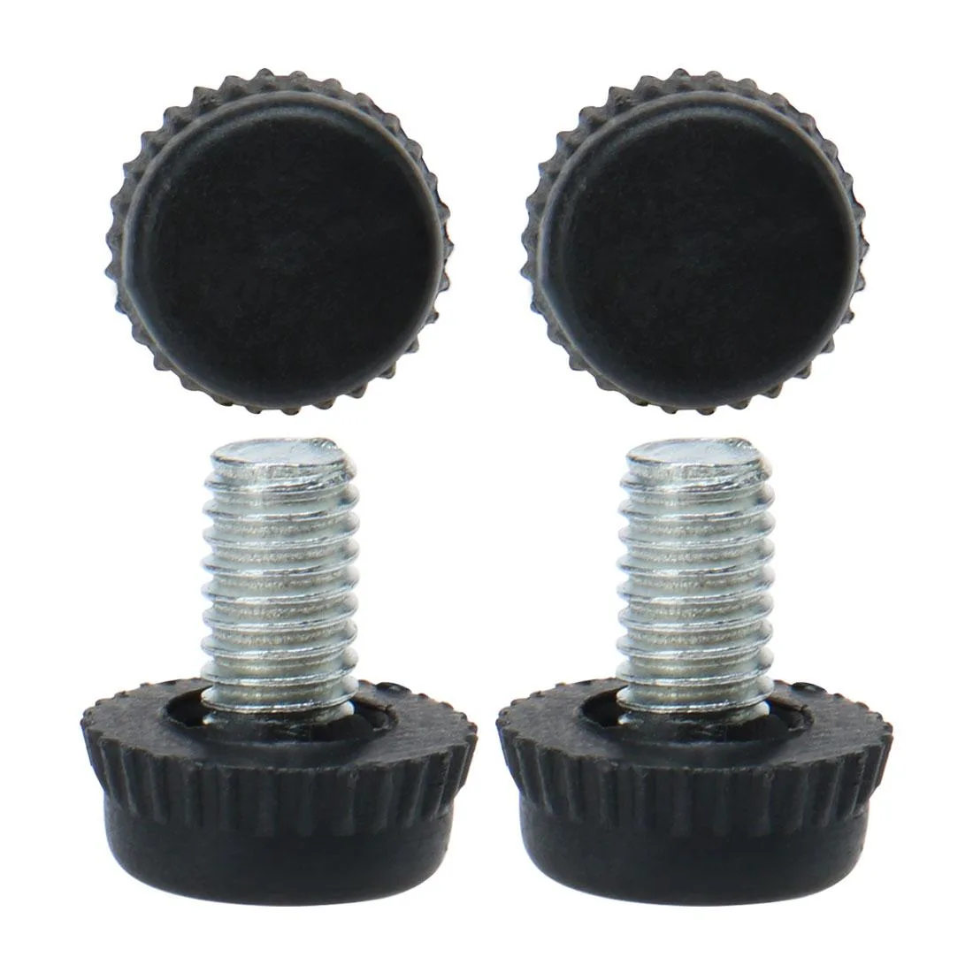 Four black plastic leveling feet with threaded metal stems and adjustable bases