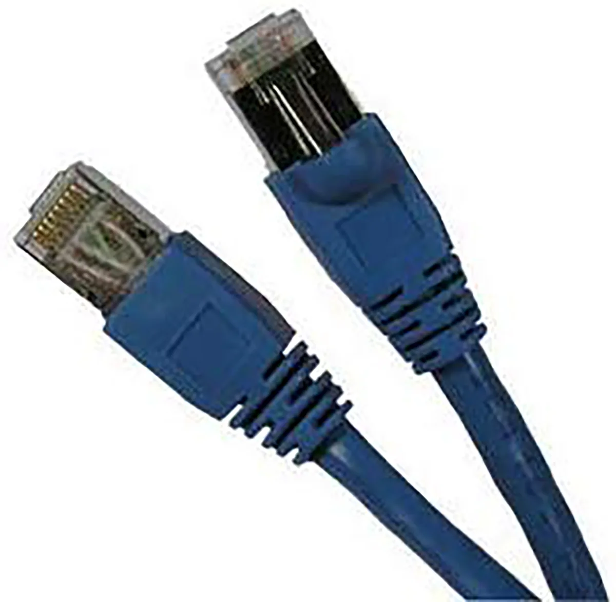 Blue shielded Cat6 Ethernet cable with molded RJ45 connectors, 20 feet long