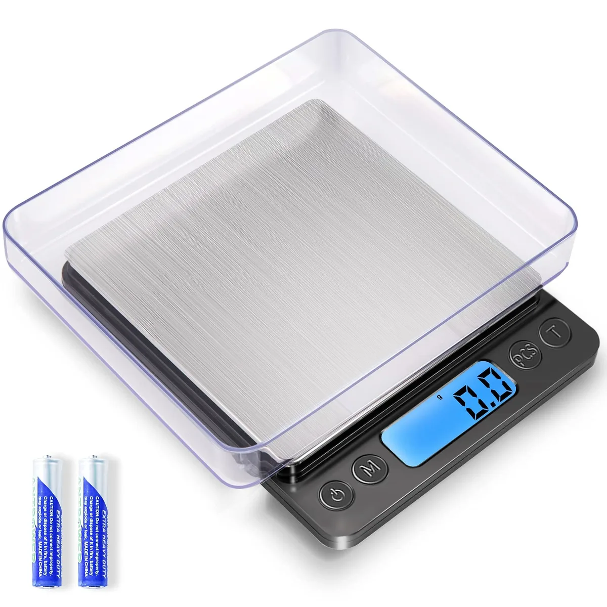 Black compact digital pocket scale with stainless steel platform and LCD display