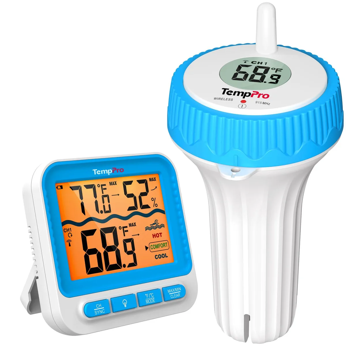 Blue floating pool thermometer with wireless display unit