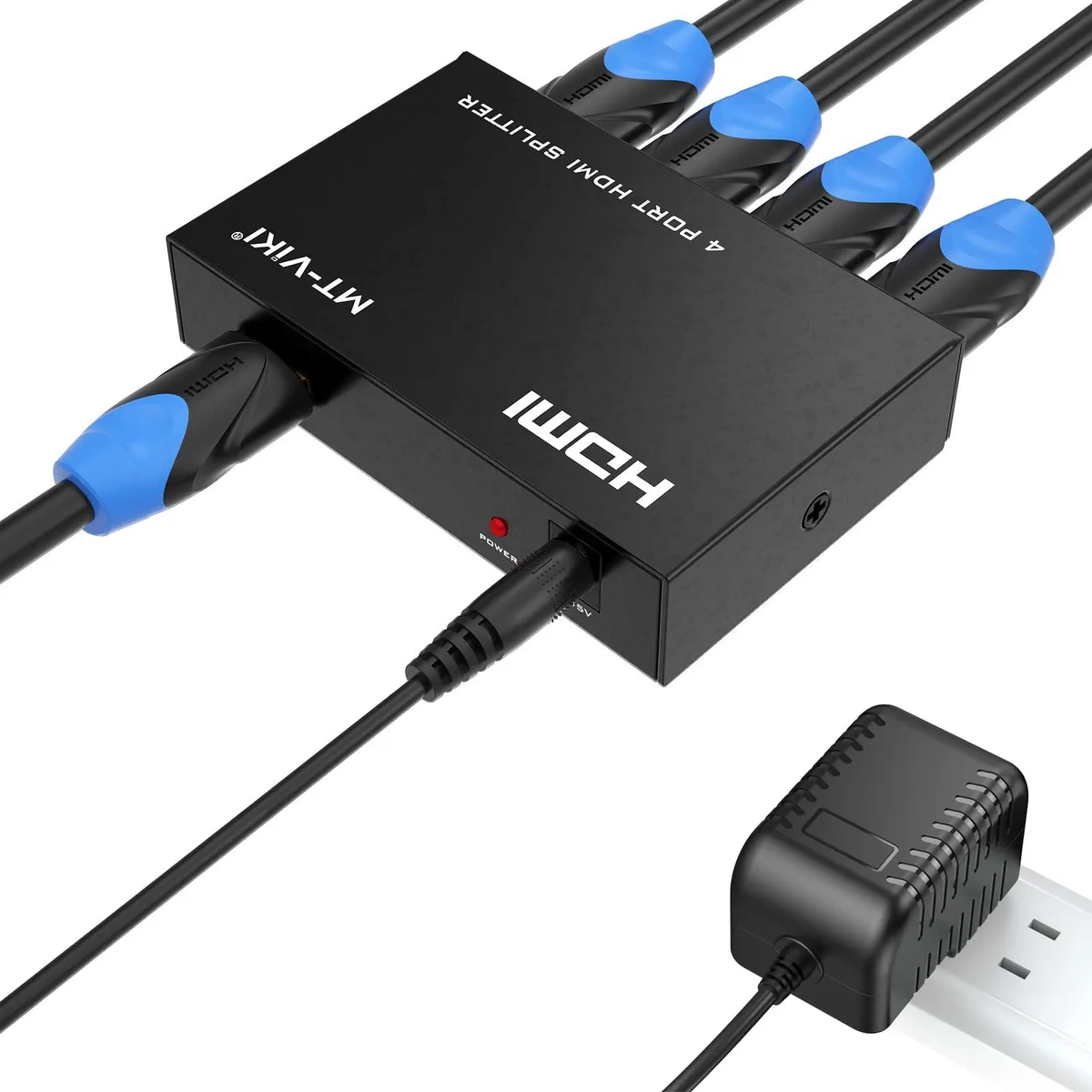 Small black metal box with four HDMI ports and a power socket