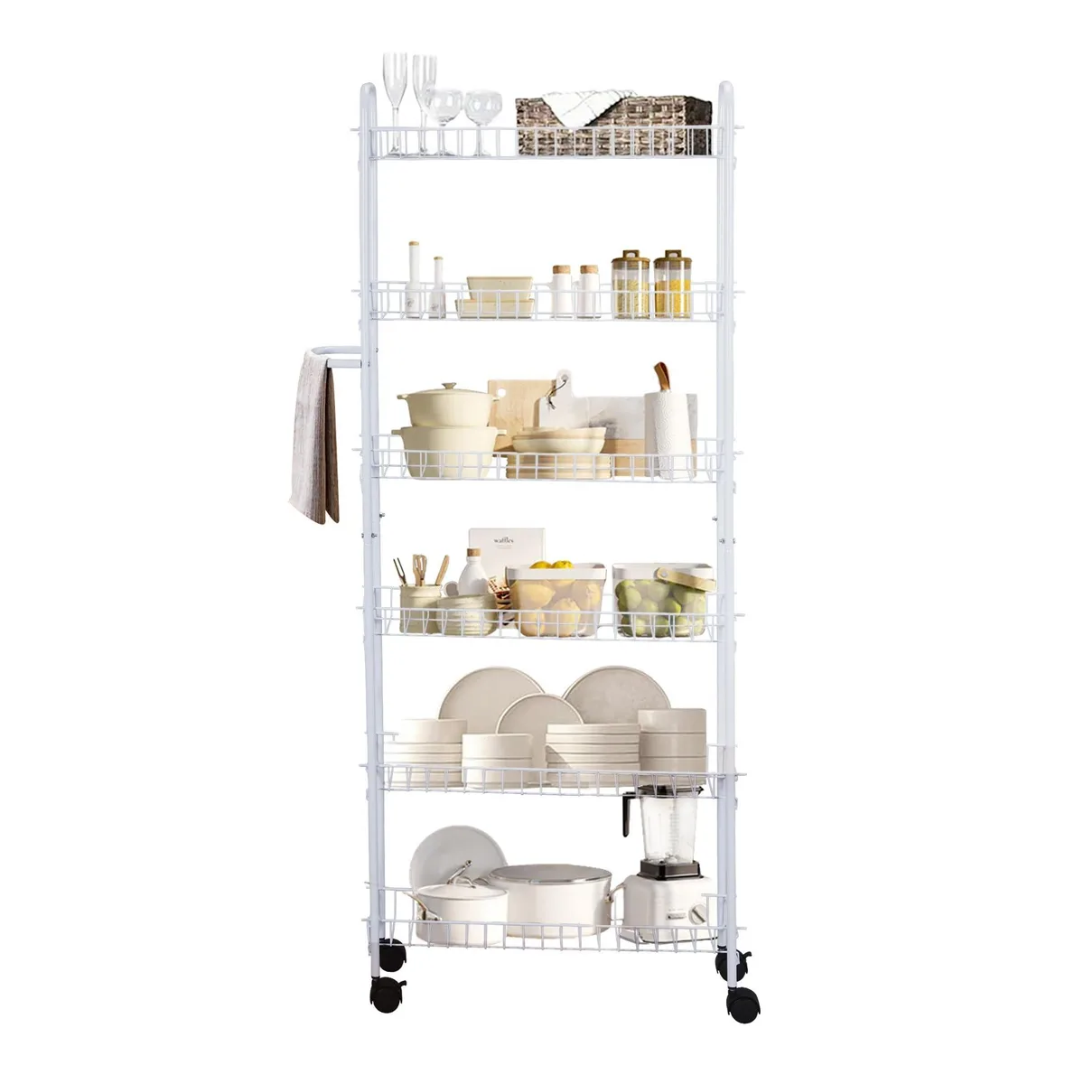 SkyMall SkyMall SKY1277/1189-Parent 6-Tier Rolling Pantry Cart 10 Inch Deep White Metal Organization — product photo