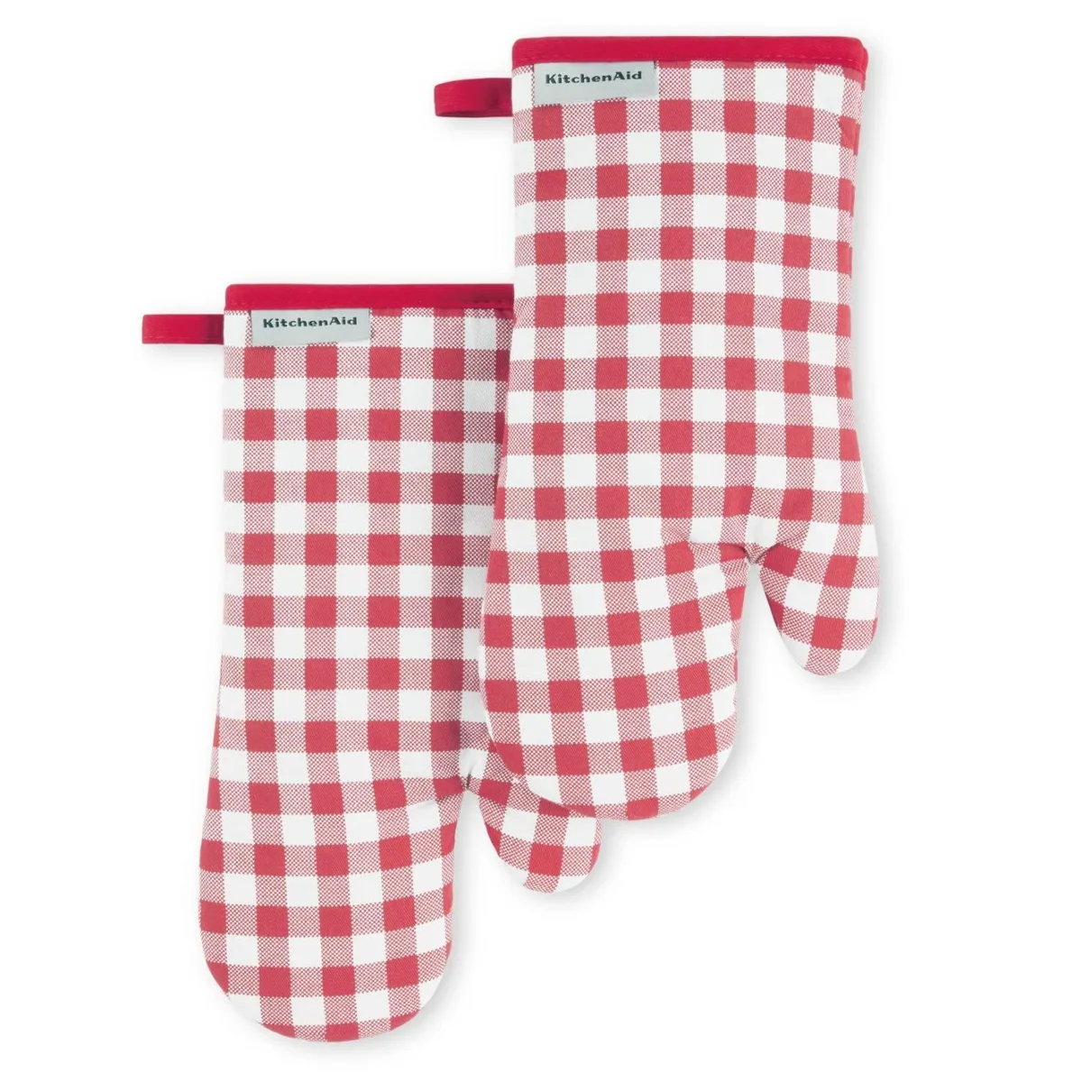 Two red gingham oven mitts with hanging loops, cotton blend, 13 inches long