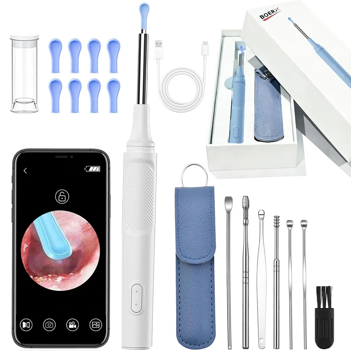 White handheld ear camera with six LEDs and silicone tips