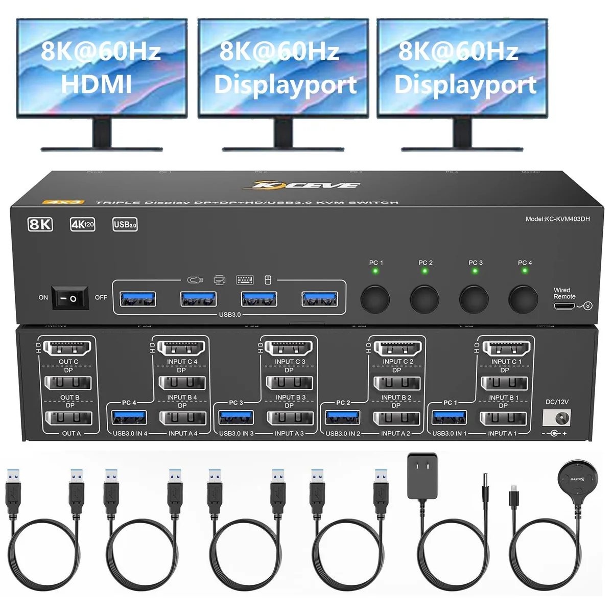 Hitoor Hitoor 403DH KVM Switch 4 PC 3 Monitor 8K 60 Hz HDMI 2 DP 4 USB 3.0 — product photo