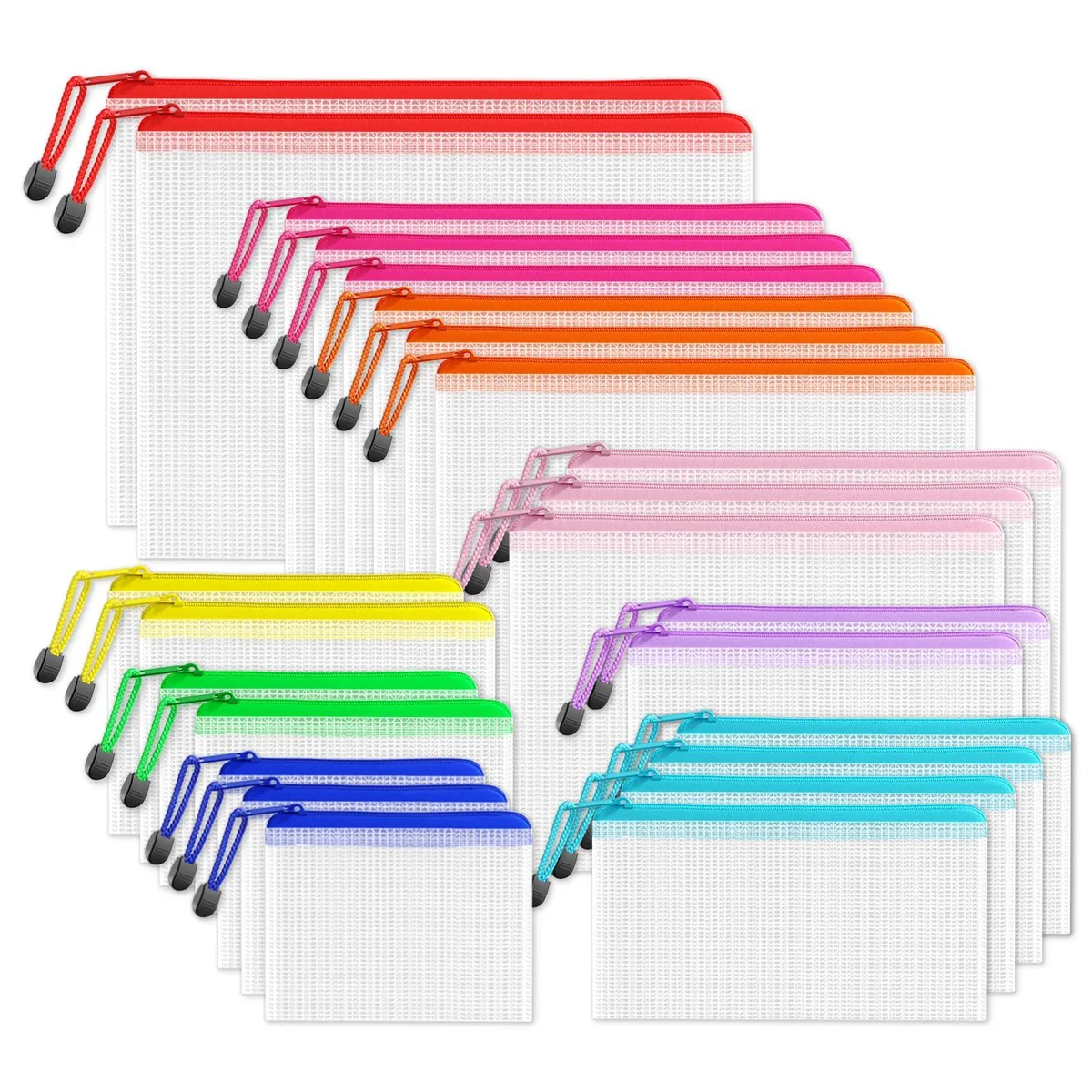 Transparent vinyl zipper pouches in eight sizes, 24 pack