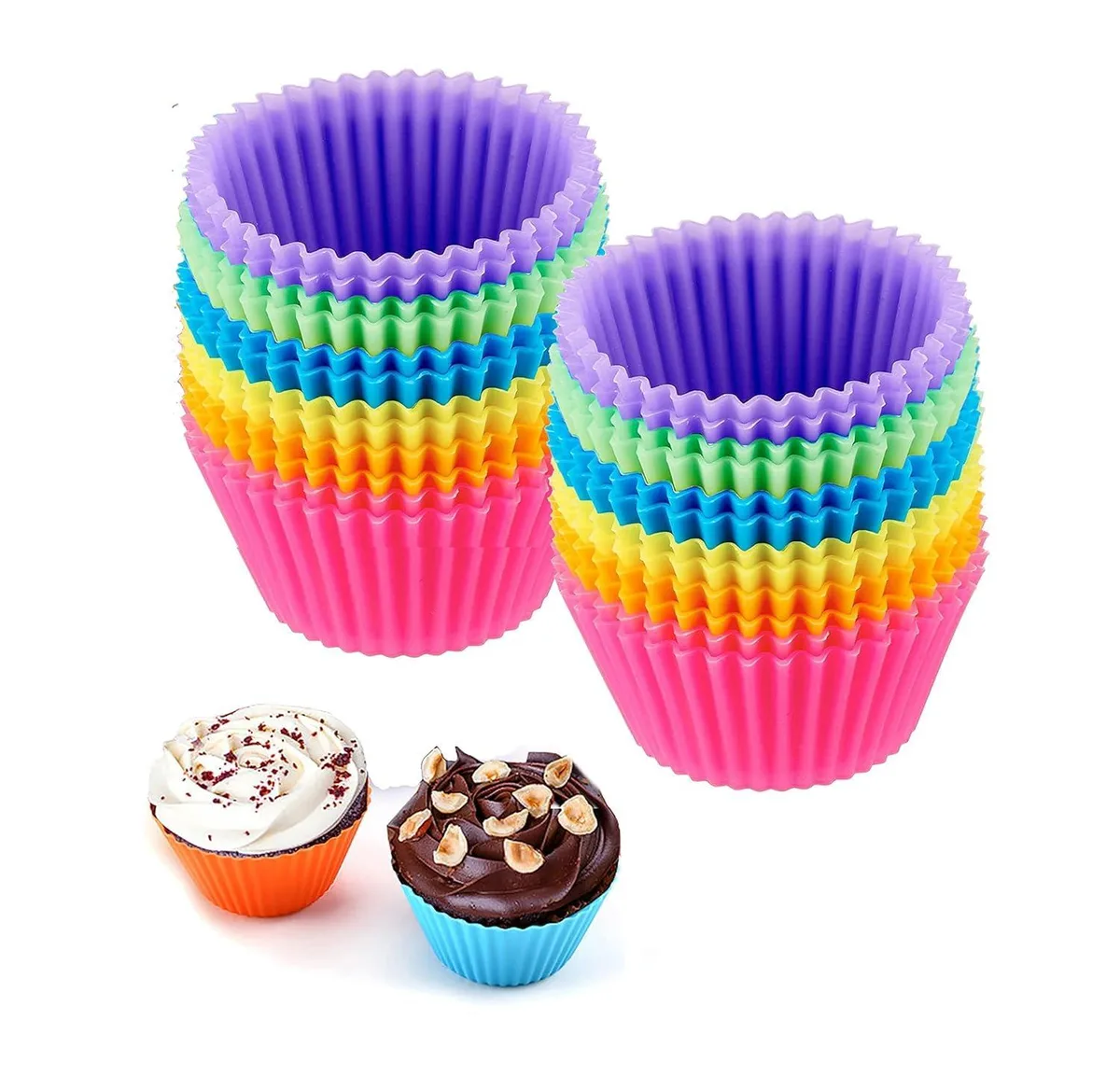 Twenty-four multicolour silicone baking cups in a reusable pack