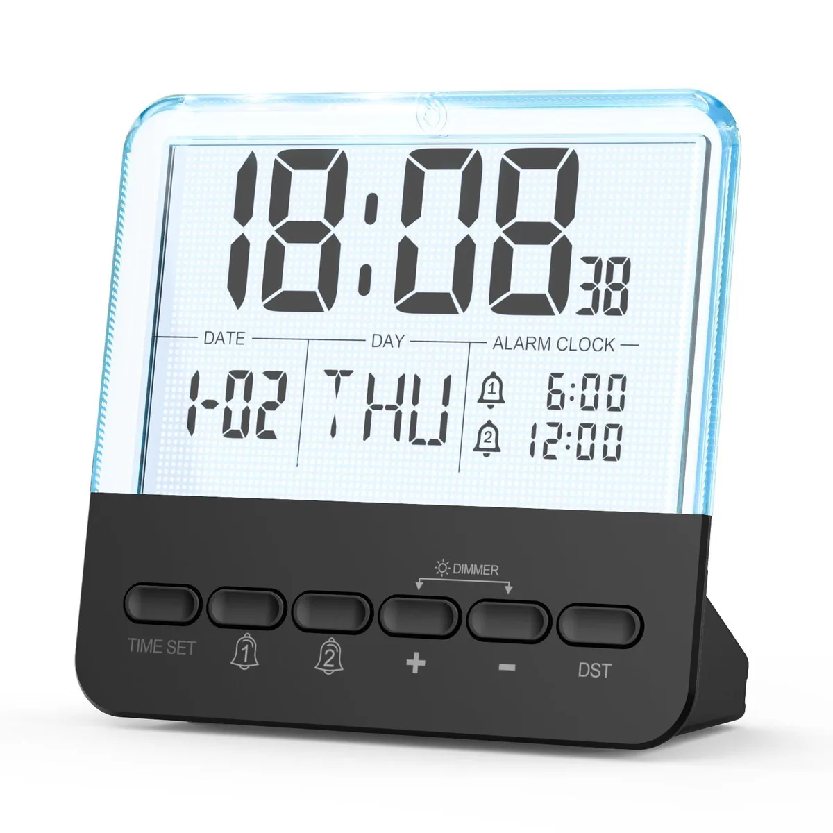 Black semi-transparent digital alarm clock with 4.5 inch LCD display and colourful night light