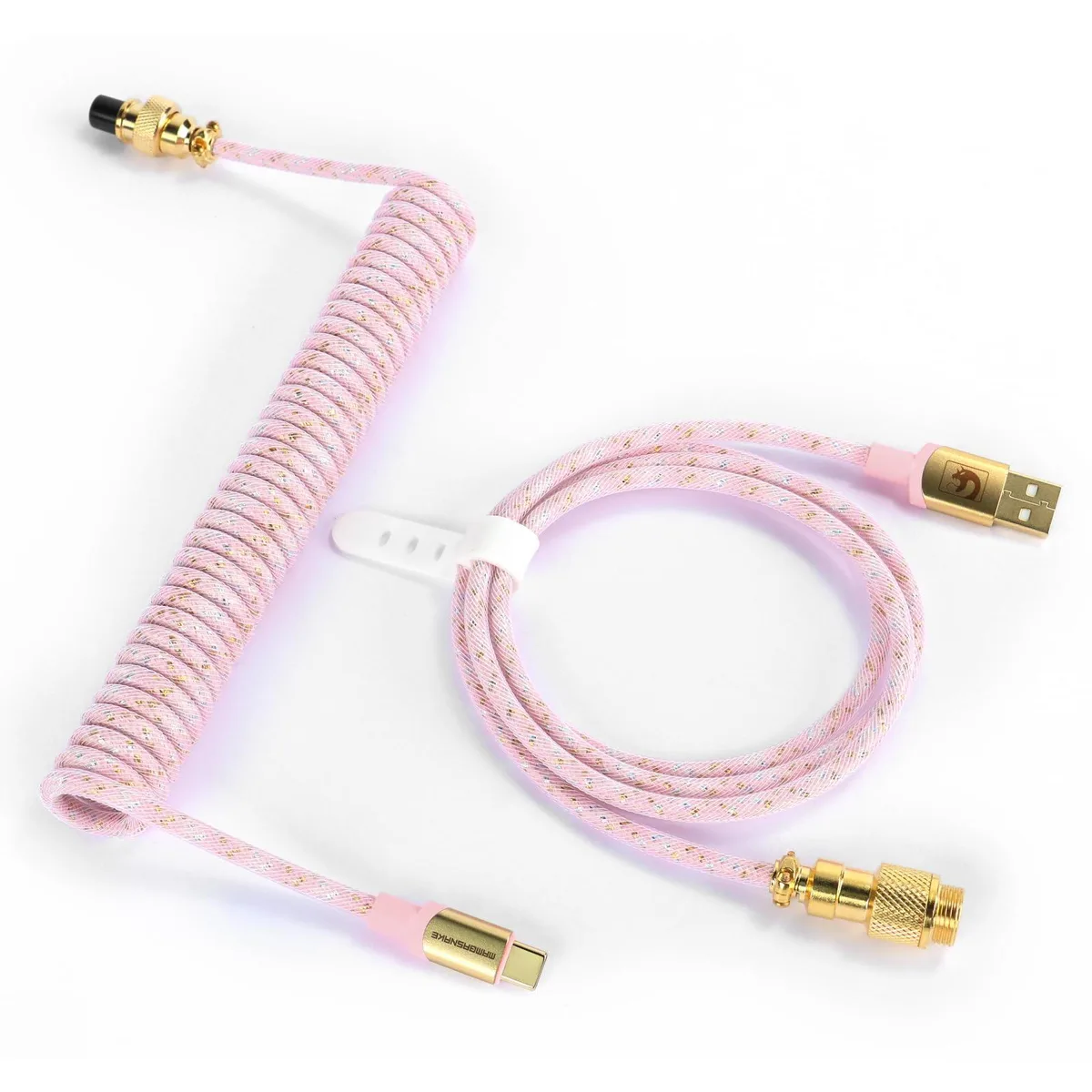Pink coiled USB-C to USB-A cable with gold aviator connector and braided sleeve
