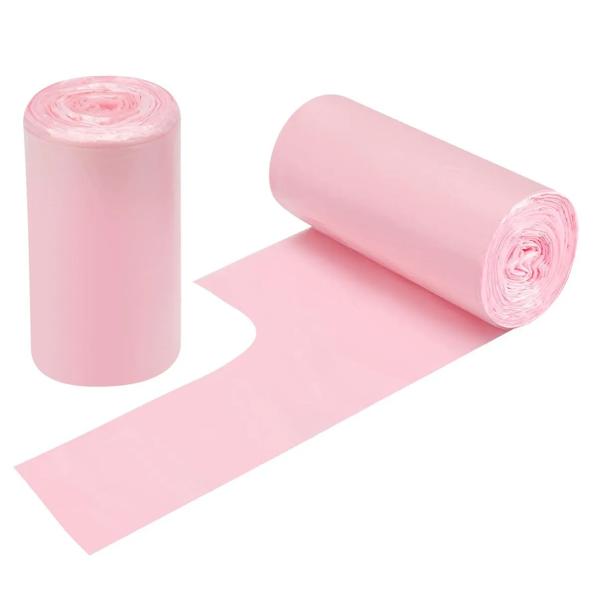 Pink high-density polyethylene trash bags on two rolls, 60 count total