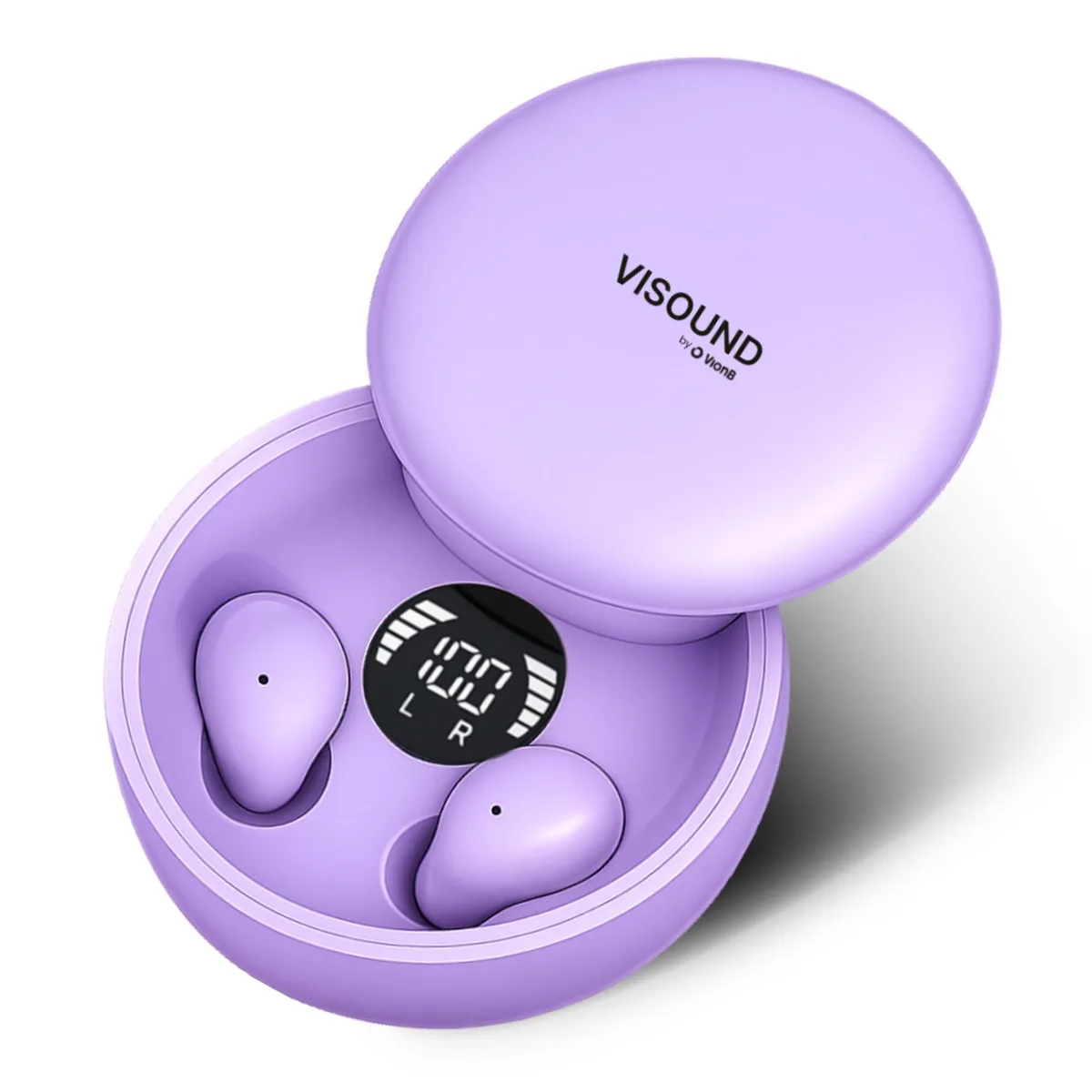 Tiny amethyst earbuds with flush-fit design and matching charging case