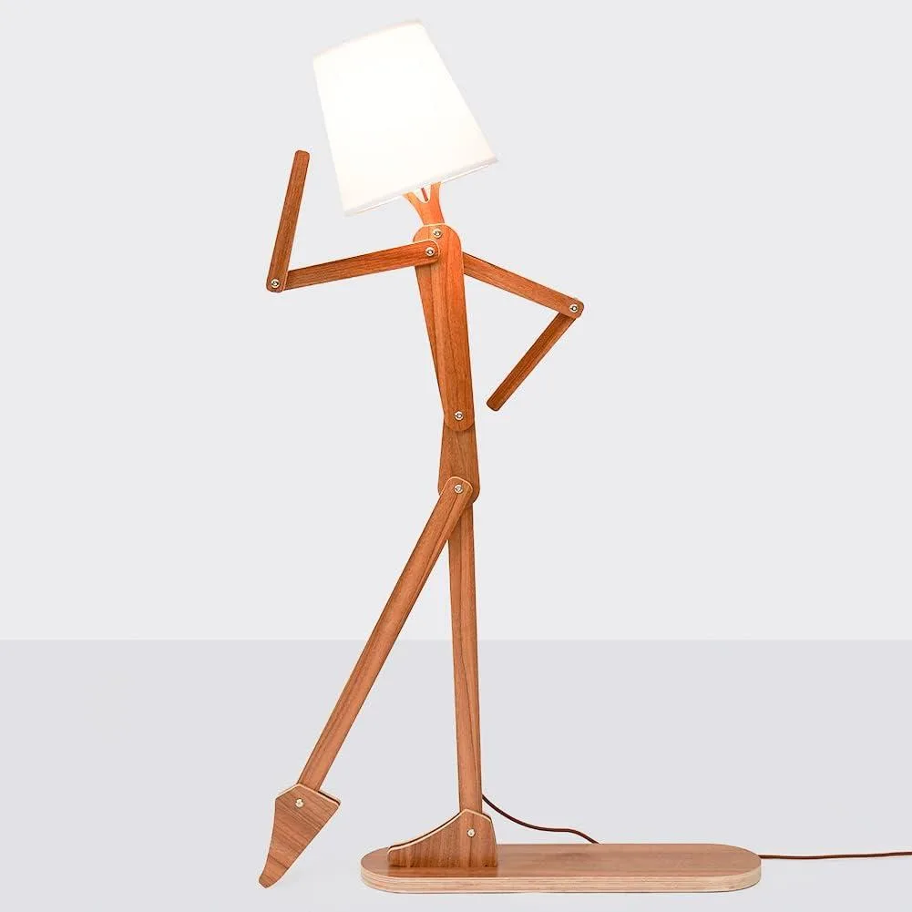 Tall walnut plywood floor lamp with adjustable swing arm, maroon cloth cord and LED filament bulb