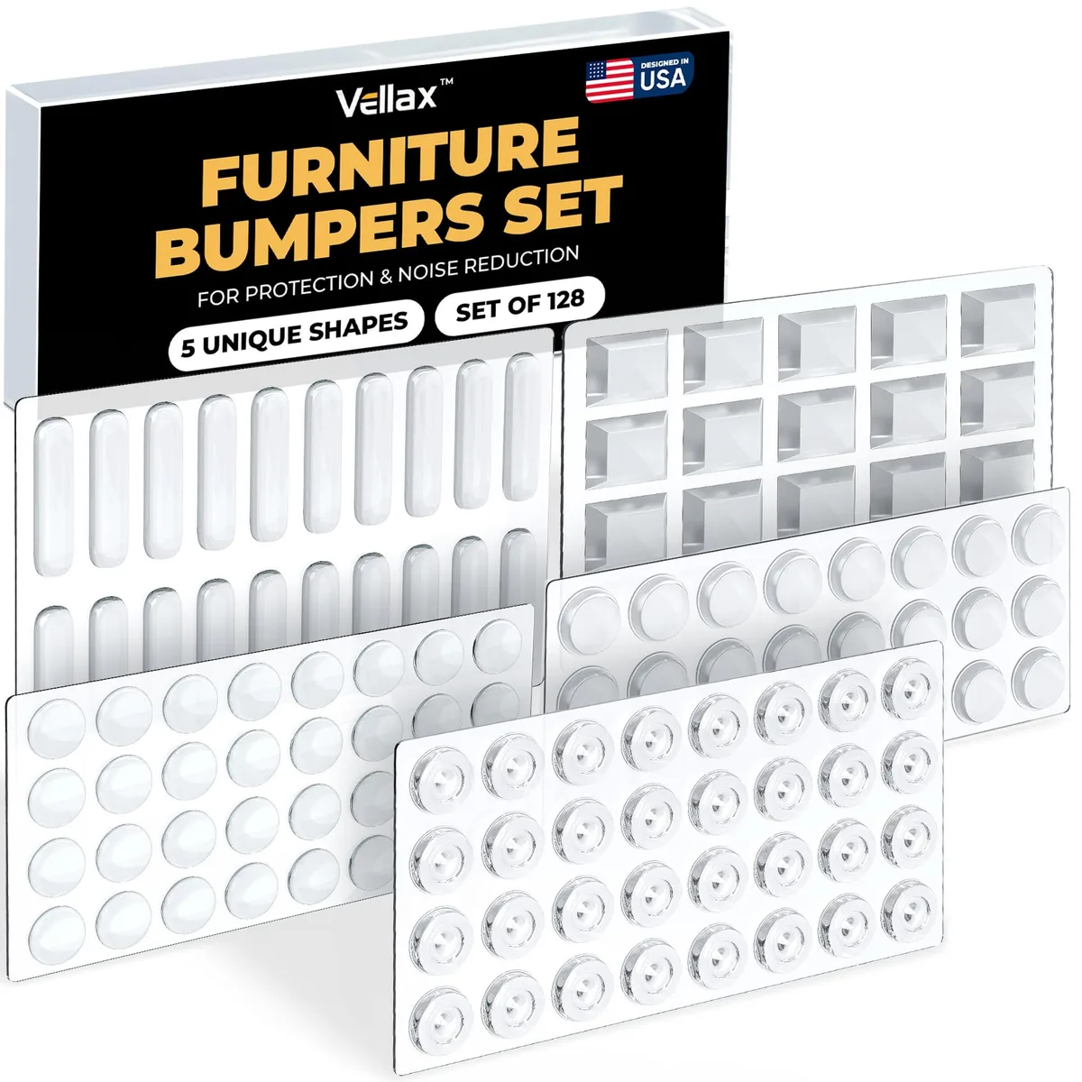 Clear silicone bumper pads in five shapes, 128-piece self-adhesive set