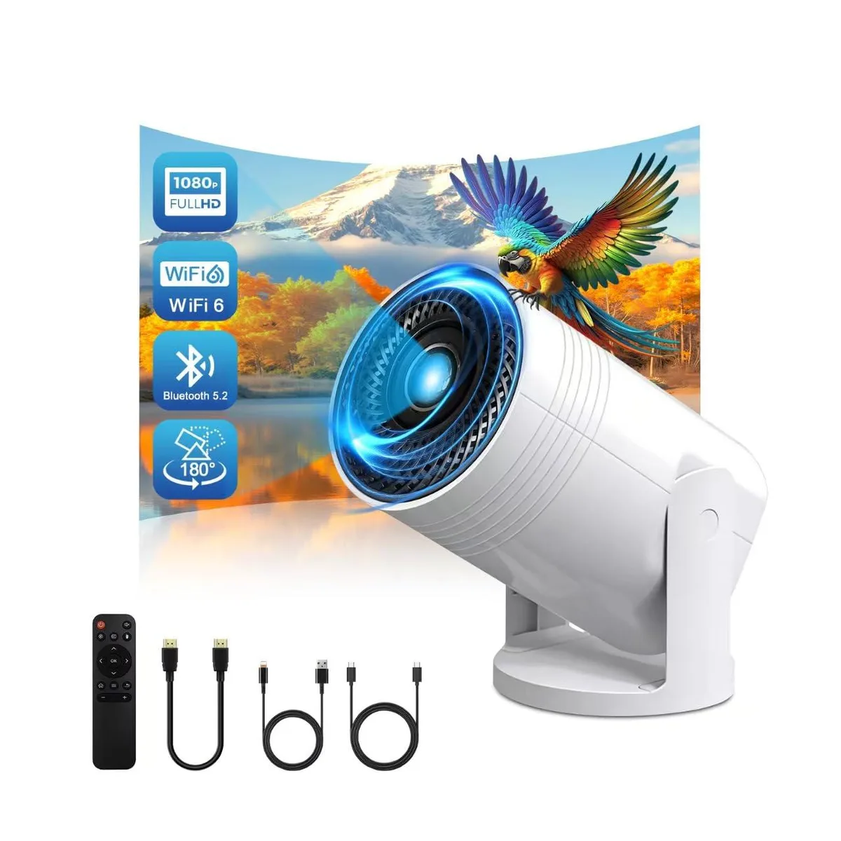 Compact white rectangular projector with rotatable lens and front-facing speaker grille