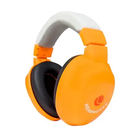 Orange child-size hearing protection earmuffs with padded headband and ear cups