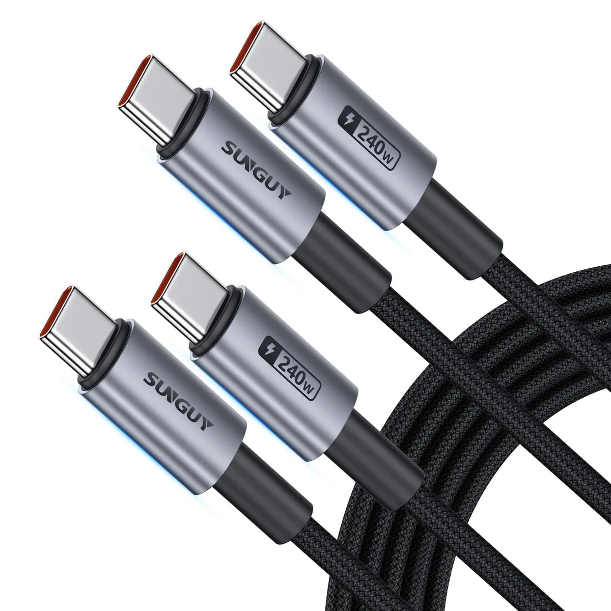 Two grey nylon-braided USB-C cables, each ten feet long, coiled together