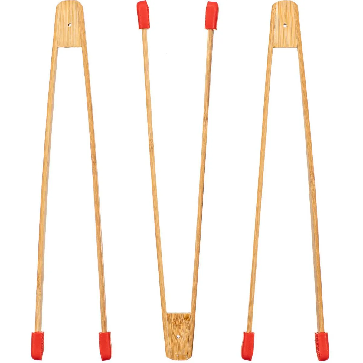 Three bamboo darkroom tongs with colour-coded rubber tips