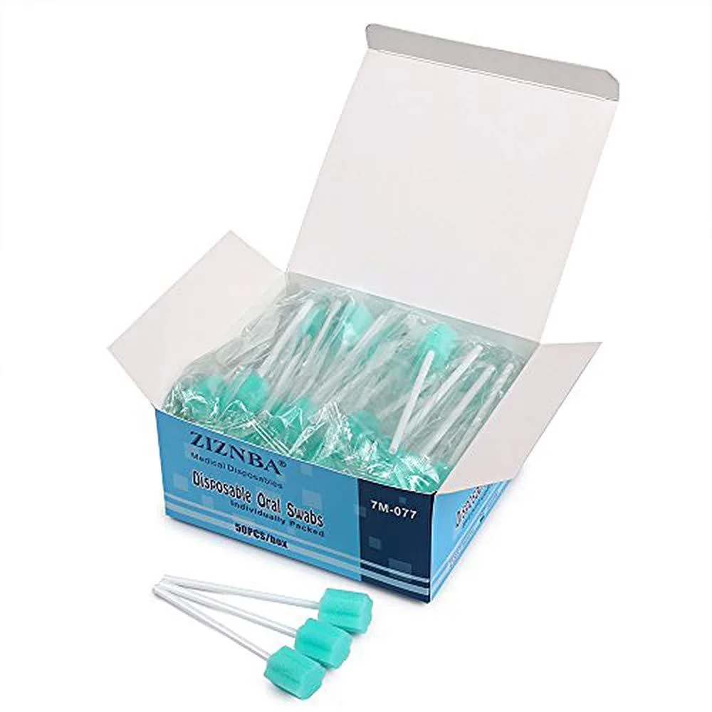 White sterile oral swabs with sponge tips on long plastic handles, pack of 50