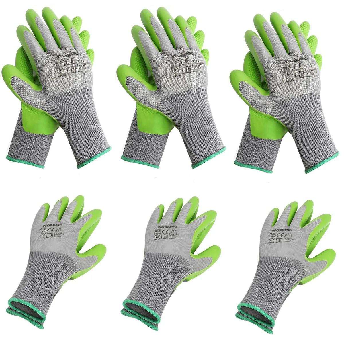 Six pairs of green palm-coated gloves with waffle grip pattern
