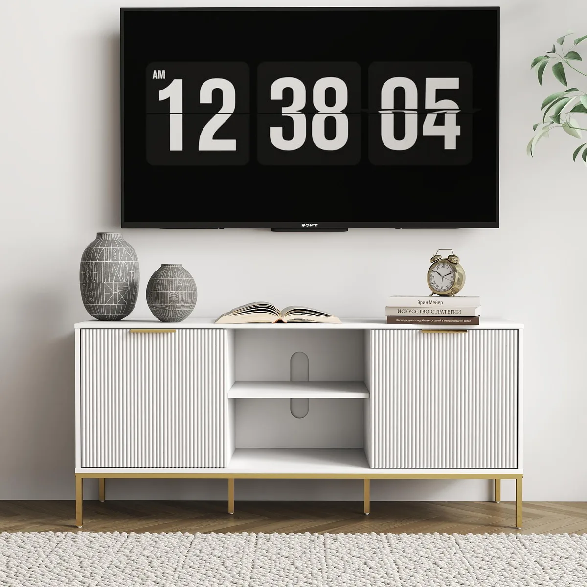tuphen tuphen TV Stand Wave-Design Doors White Gold Legs — product photo
