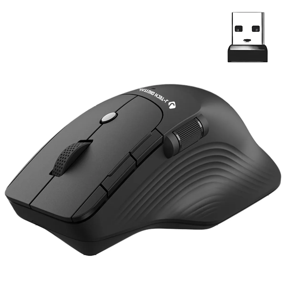 Black wireless ergonomic mouse with side thumb scroll wheel and attached palm rest