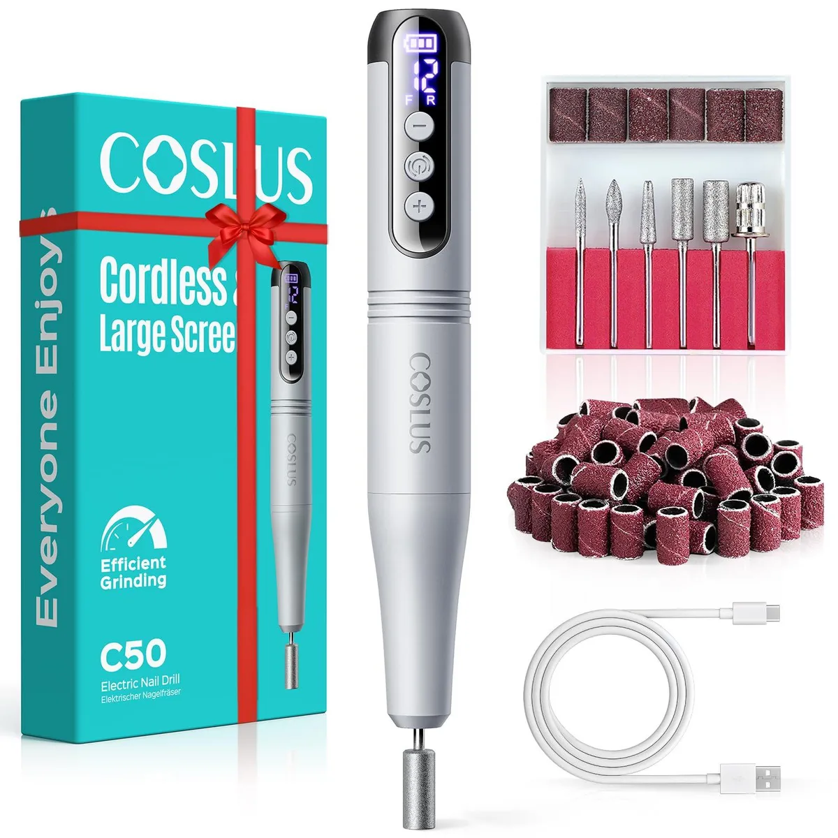 Grey cordless nail drill pen with LED display and speed buttons