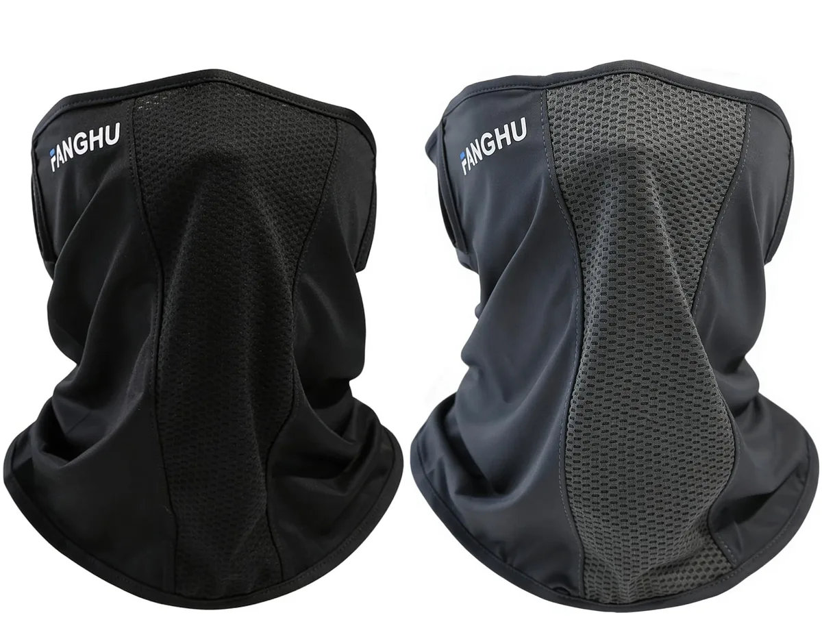 Square light fabric neck gaiter folded flat showing printed pattern