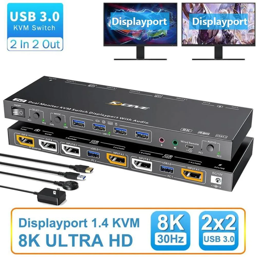 WRIARICH WRIARICH Voice Controlled Dual Monitor DisplayPort KVM Switch 2 Monitors 2 Computers 8K@30Hz 4K@144Hz — product photo