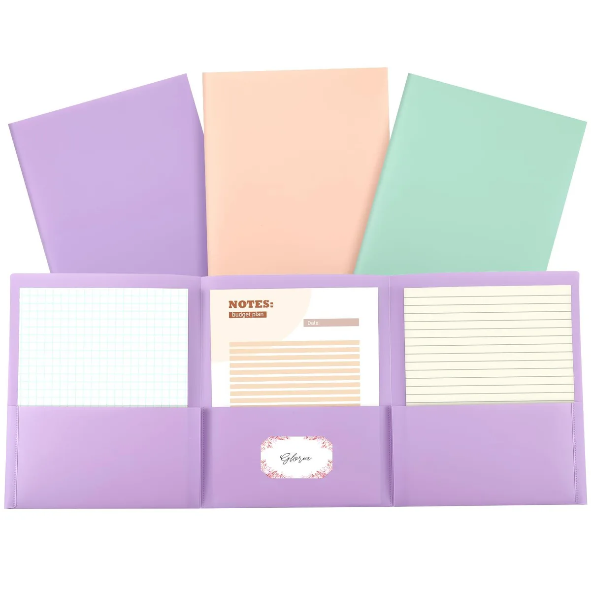 Three pastel plastic tri-fold folders with three pockets each, letter size