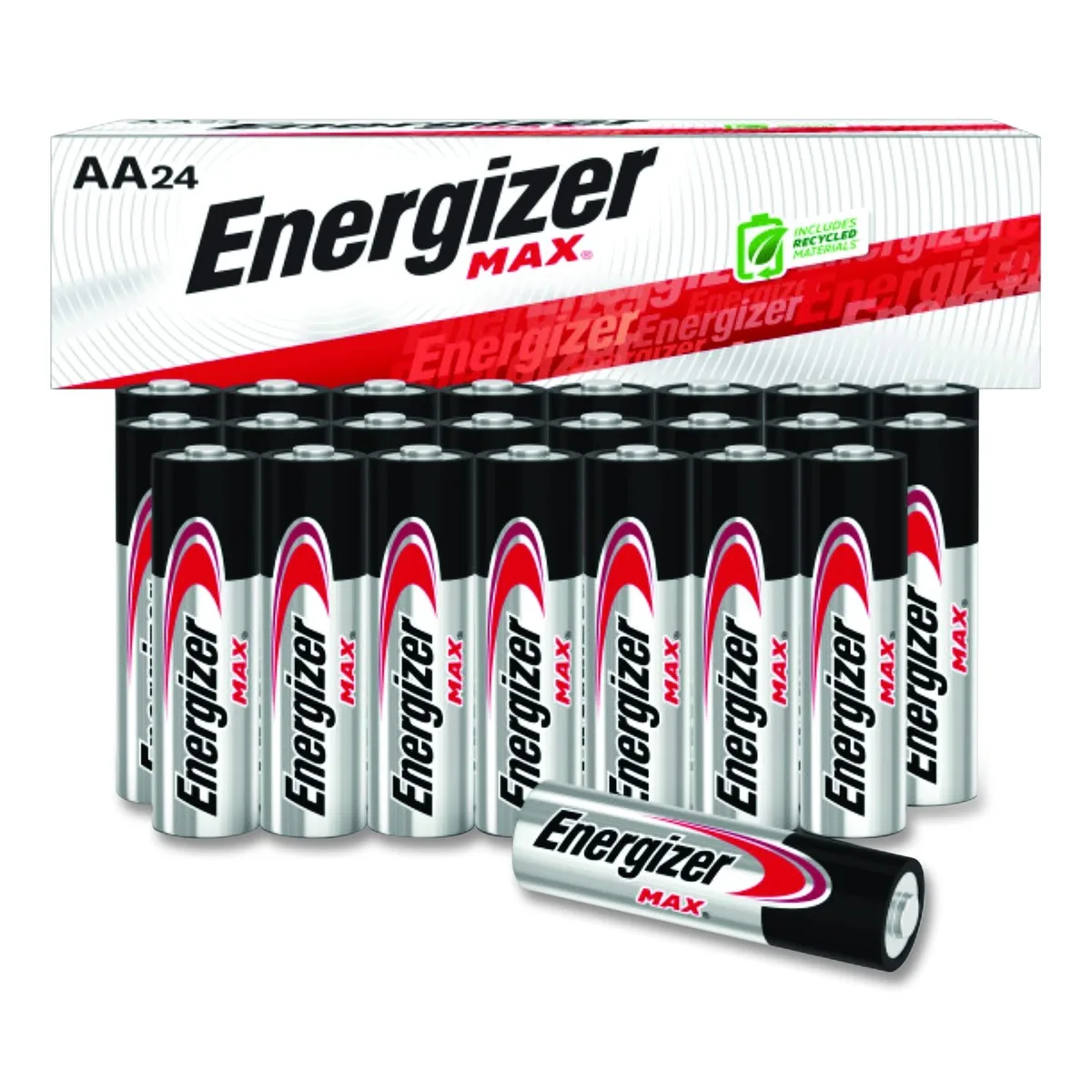 Cardboard box holding twenty-four AA alkaline batteries in six four-packs