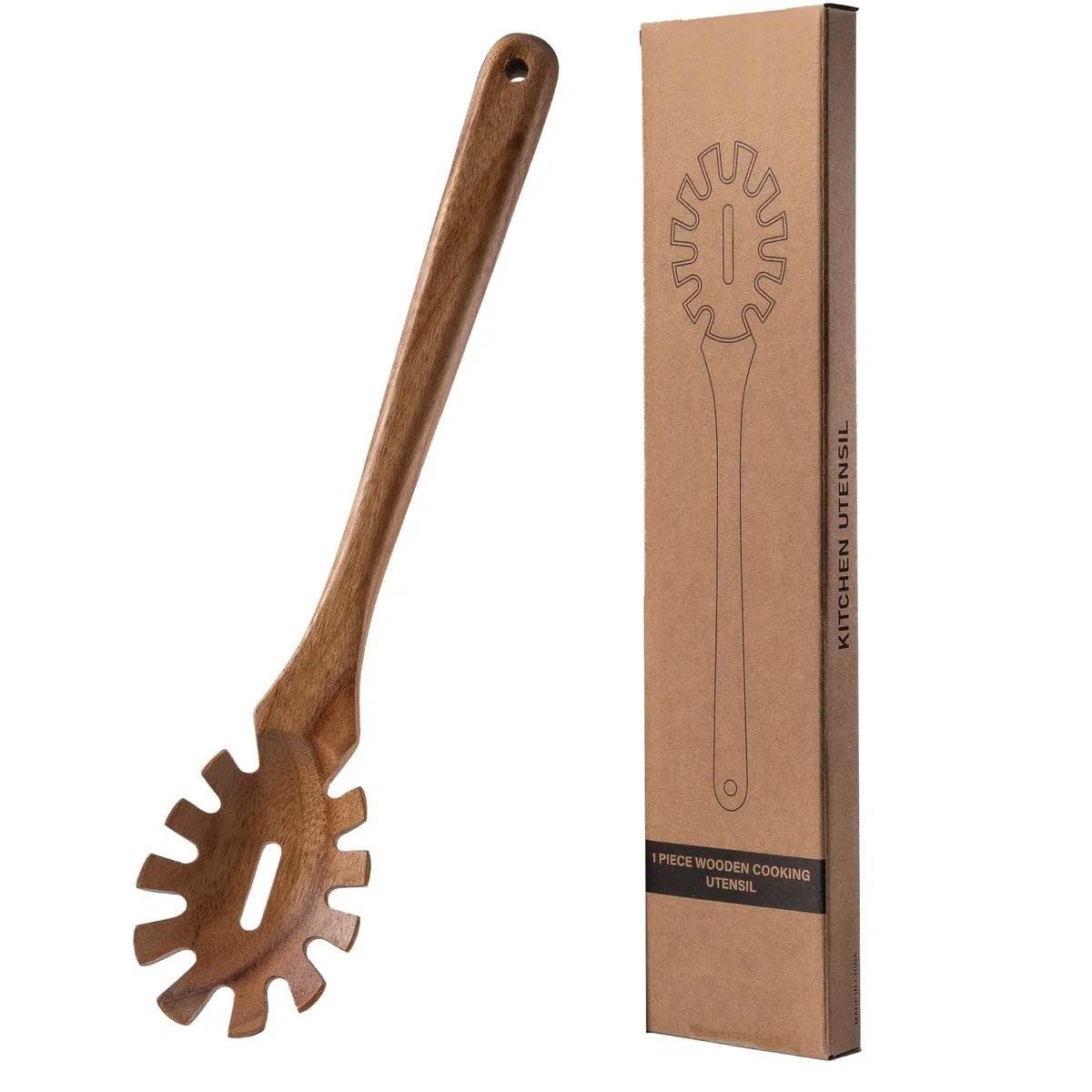Light acacia pasta spoon with forked teeth, 13 inches long, smooth hand-finished wood grain