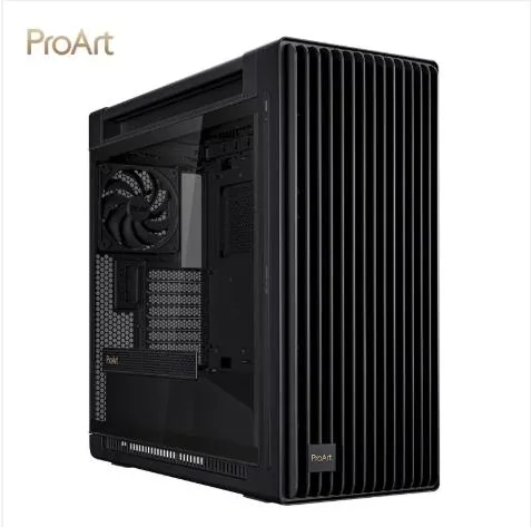 Black mid-tower case with tempered glass side panel and front I/O cluster