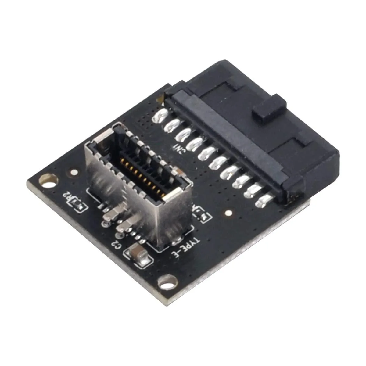 Small black rectangular adapter with a 20-pin male header on one end and a USB 3.1 Type-E female socket on the other