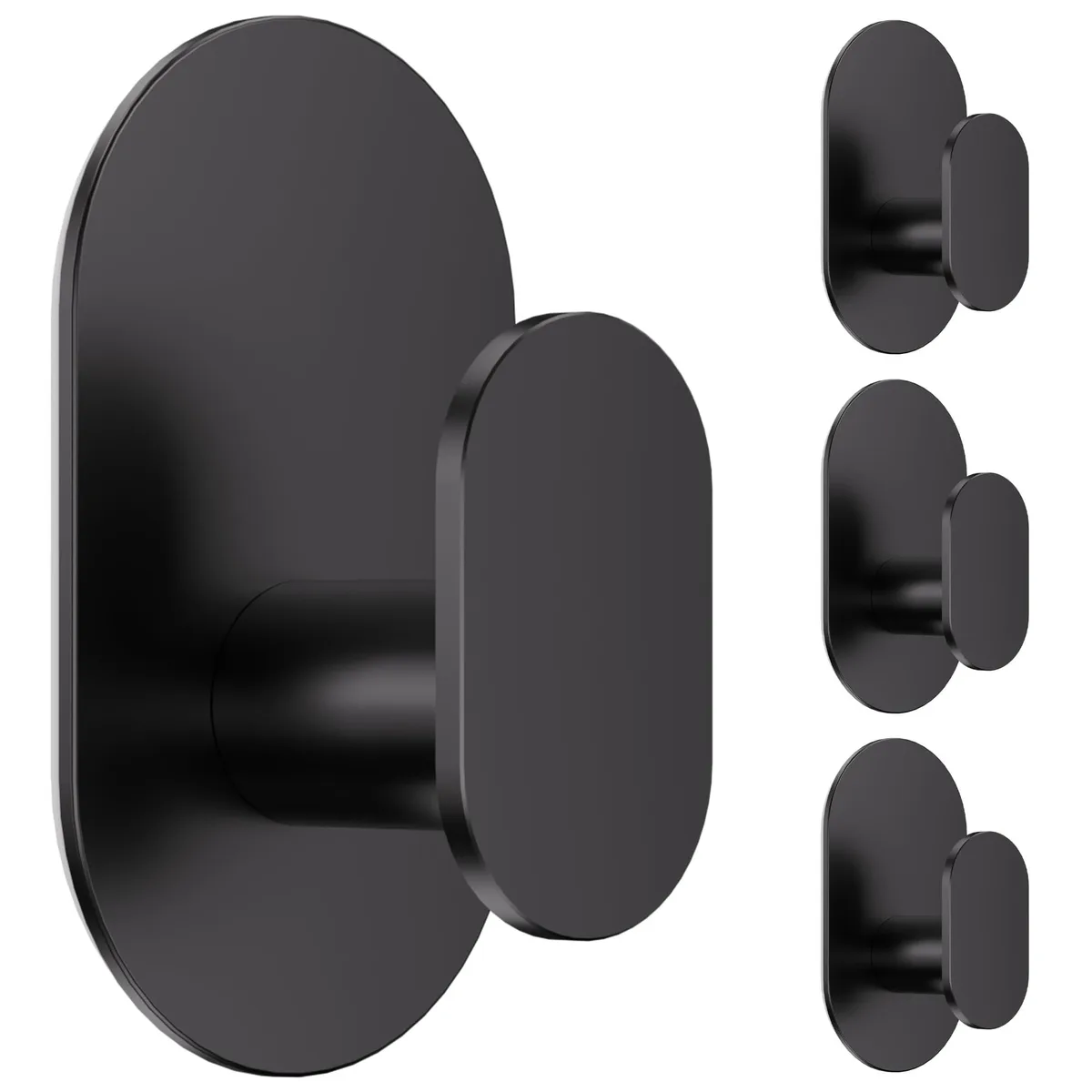 Four matte black stainless steel adhesive hooks with rectangular bases