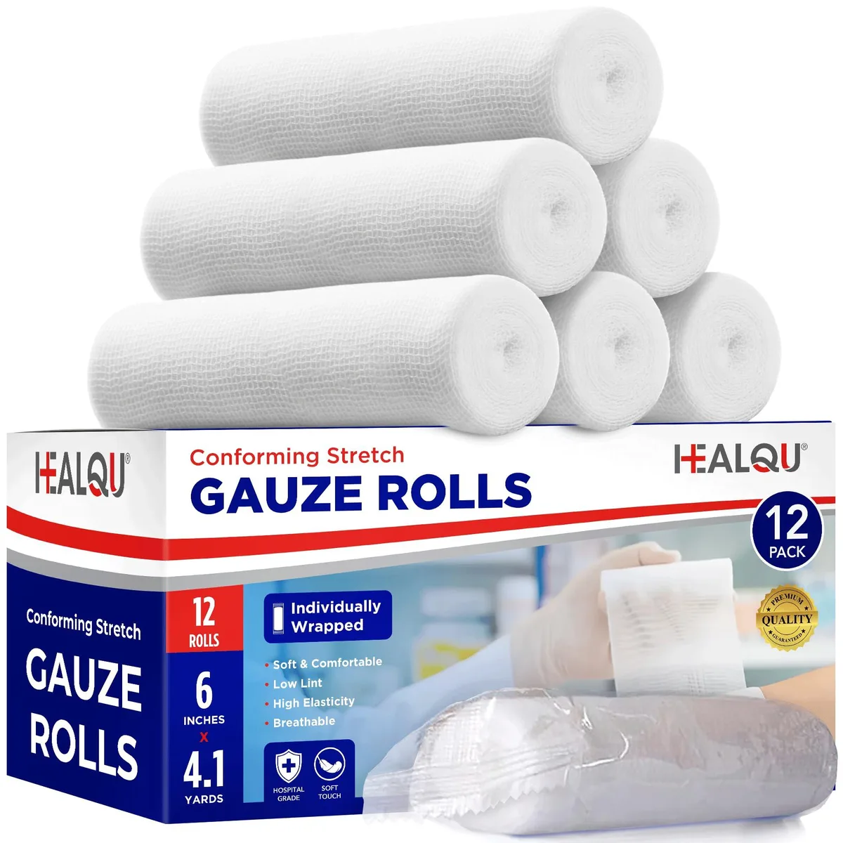 Twelve individually wrapped white gauze rolls in a box