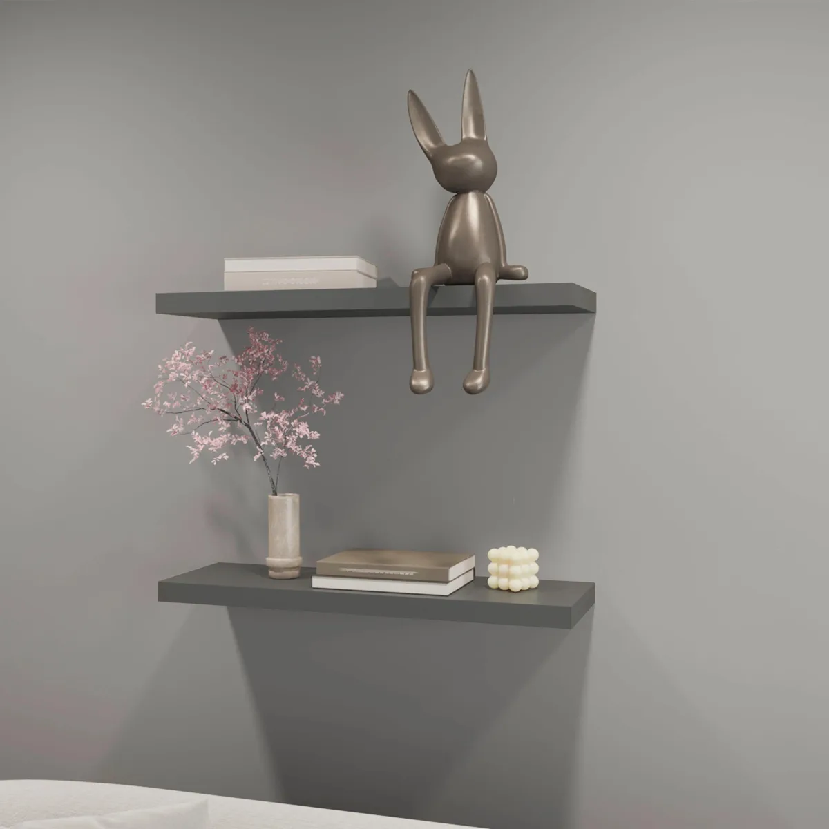 Matt grey floating shelf, 315 inches wide, minimalist design