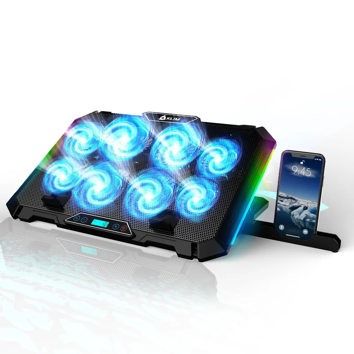  KLIM V8 Laptop Cooling Pad 8 Fans RGB 17" 2 USB Phone Holder — product photo