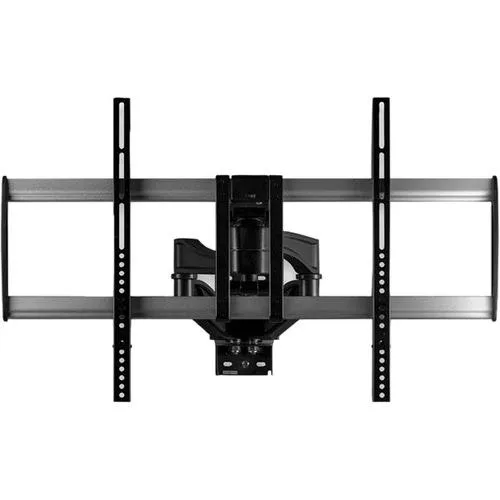 Black steel full-motion TV wall mount with articulating arms, silver powder-coated finish, decorative covers