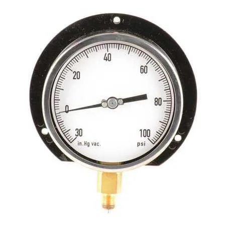 Black process vacuum gauge with white dial, glass lens, cast aluminium case, bottom male NPT connection